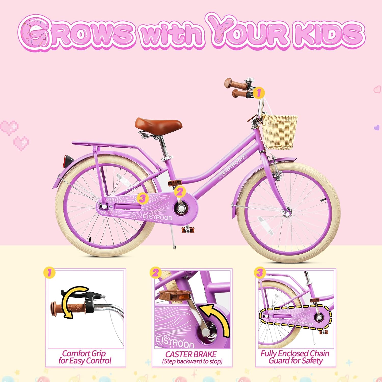 20 Inch Girls Bike, Single Speed Kids' Bicycles with Basket and Kickstand, Kids Beach Cruiser Bike for Girls, Adjustable Seat, Multiple Colors