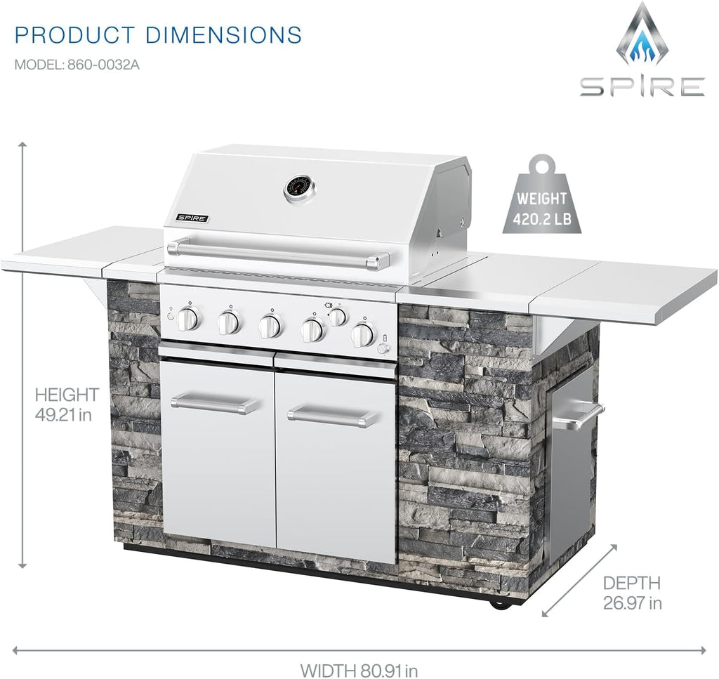 SPIRE Premium 5 Burner Built In Gas Grill Island Head, Stainless Steel 30' Barbeque Grill with Rear Burner, 63,000 BTUs, 758 SQ In Racks, Propane Grill with Dual Fuel Compatibility (Gray) – 860-0032A