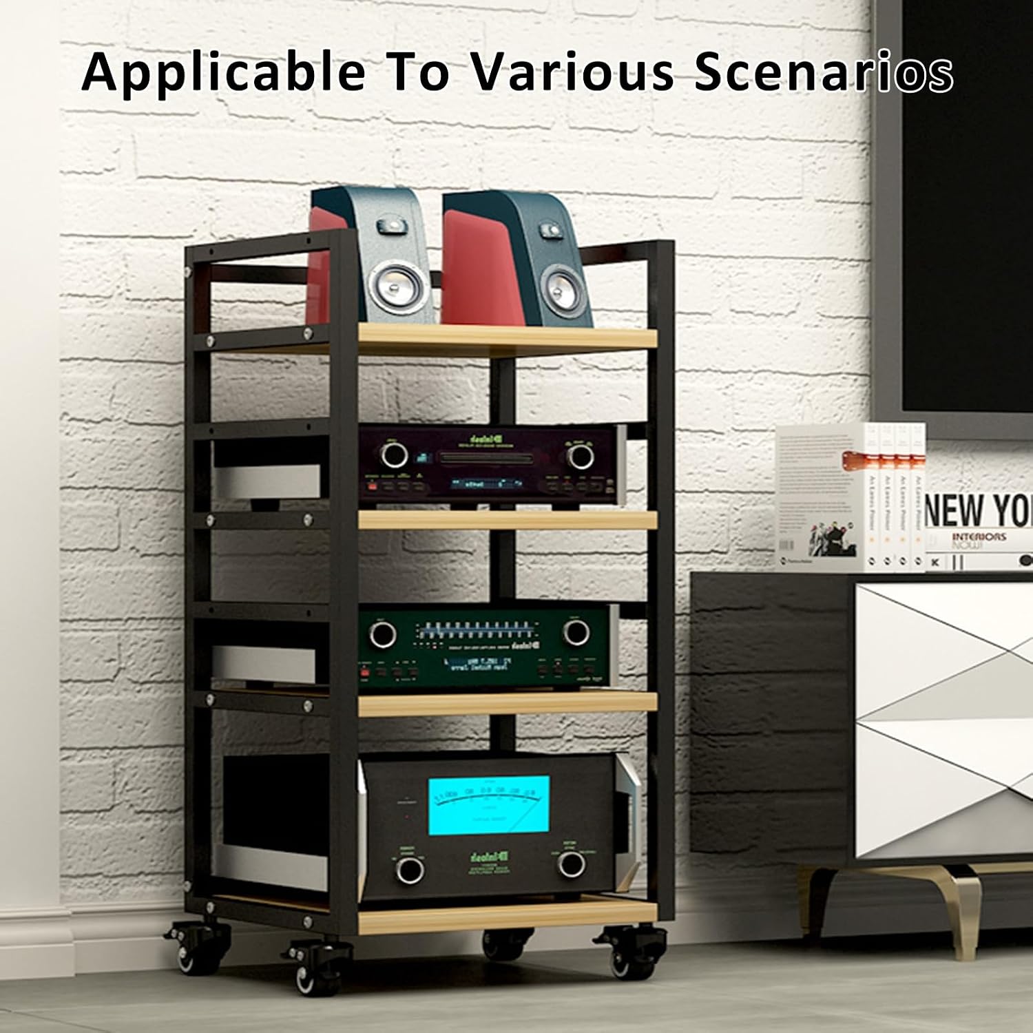 Modern Media Stand on Wheels - Movable Audio-Video Tower Cabinet for Entertainment Equipment, Stereo Component Storage, Ideal for Living Room, Gaming & Recording Spaces (Black)