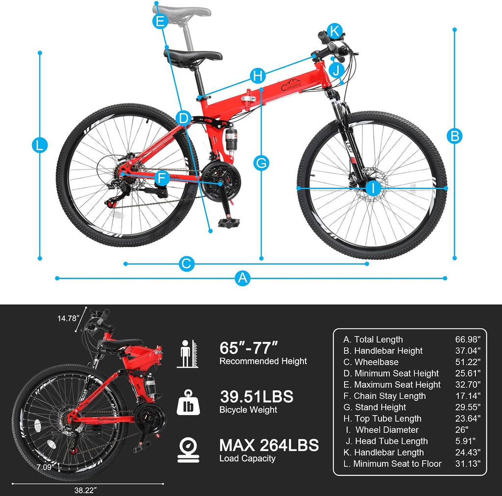 CamPingSurvivals 24/26/27.5 Inch Foldable Bikes for Adults 21 Speed Mountain Bike, Adult Bicycle with High Carbon Steel Frame, Full Suspension, Dual Disc Brake & Adjustable Ergonomic Seat(Black/Red)