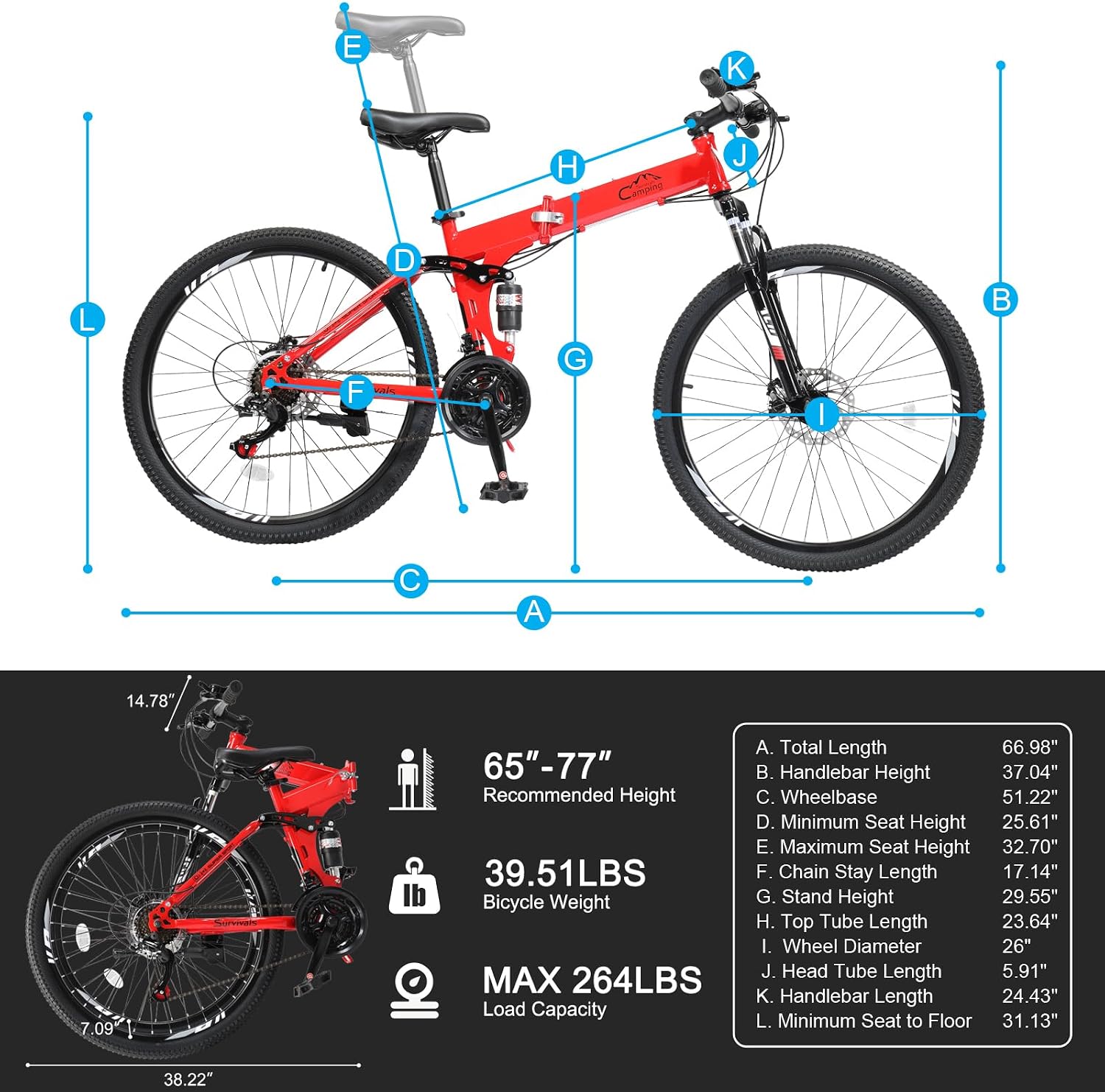 CamPingSurvivals 24/26/27.5 Inch Foldable Bikes for Adults 21 Speed Mountain Bike, Adult Bicycle with High Carbon Steel Frame, Full Suspension, Dual Disc Brake & Adjustable Ergonomic Seat(Black/Red)