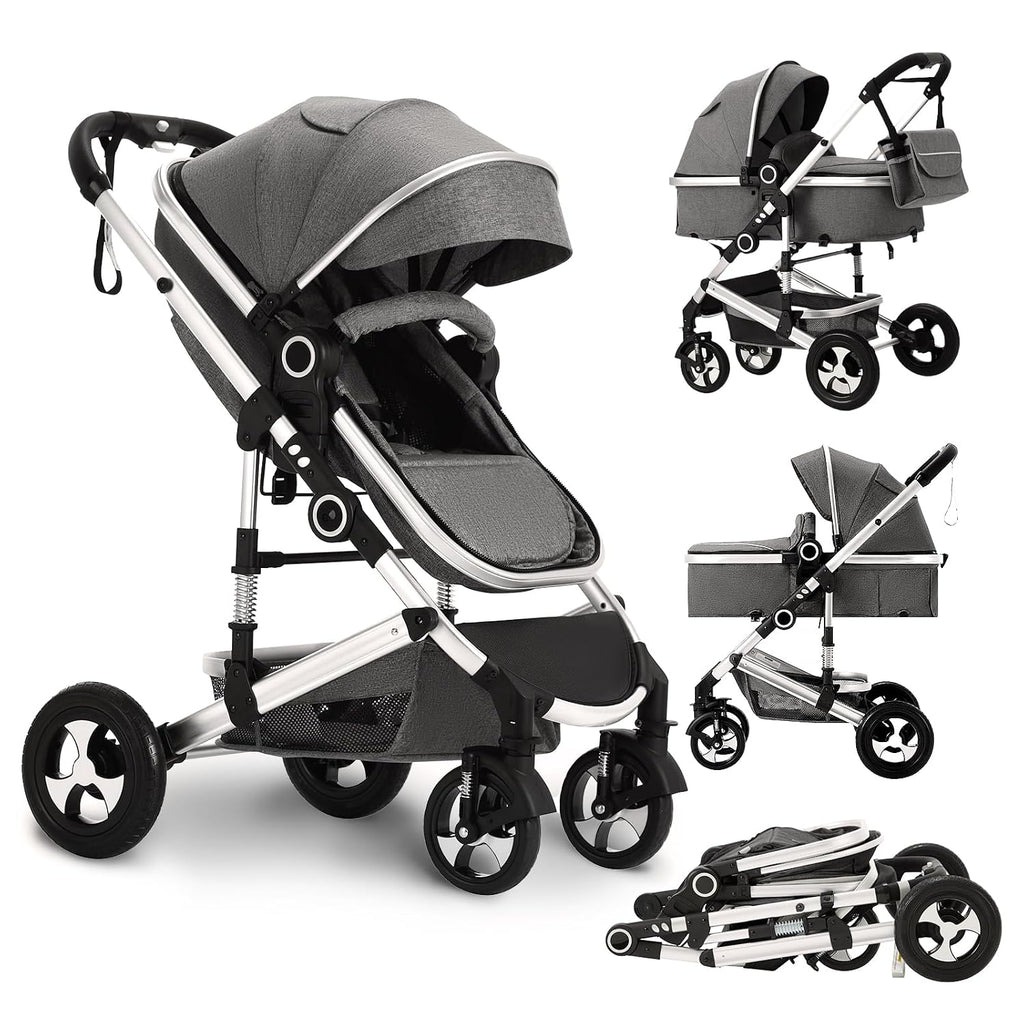 TODEFULL Convertible Baby Stroller, 3 in 1 Folding Infant Stroller, High Landscape Pushchair w/Adjustable Backrest & Canopy, Newborn Pram with Foot Cover, Storage Basket, Dark Grey