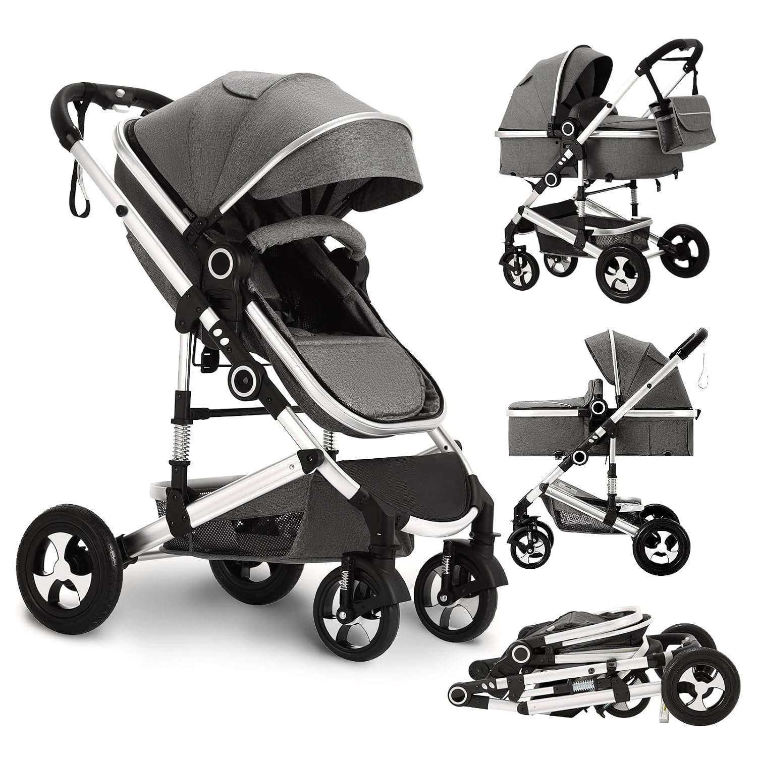 TODEFULL Convertible Baby Stroller, 3 in 1 Folding Infant Stroller, High Landscape Pushchair w/Adjustable Backrest & Canopy, Newborn Pram with Foot Cover, Storage Basket, Dark Grey
