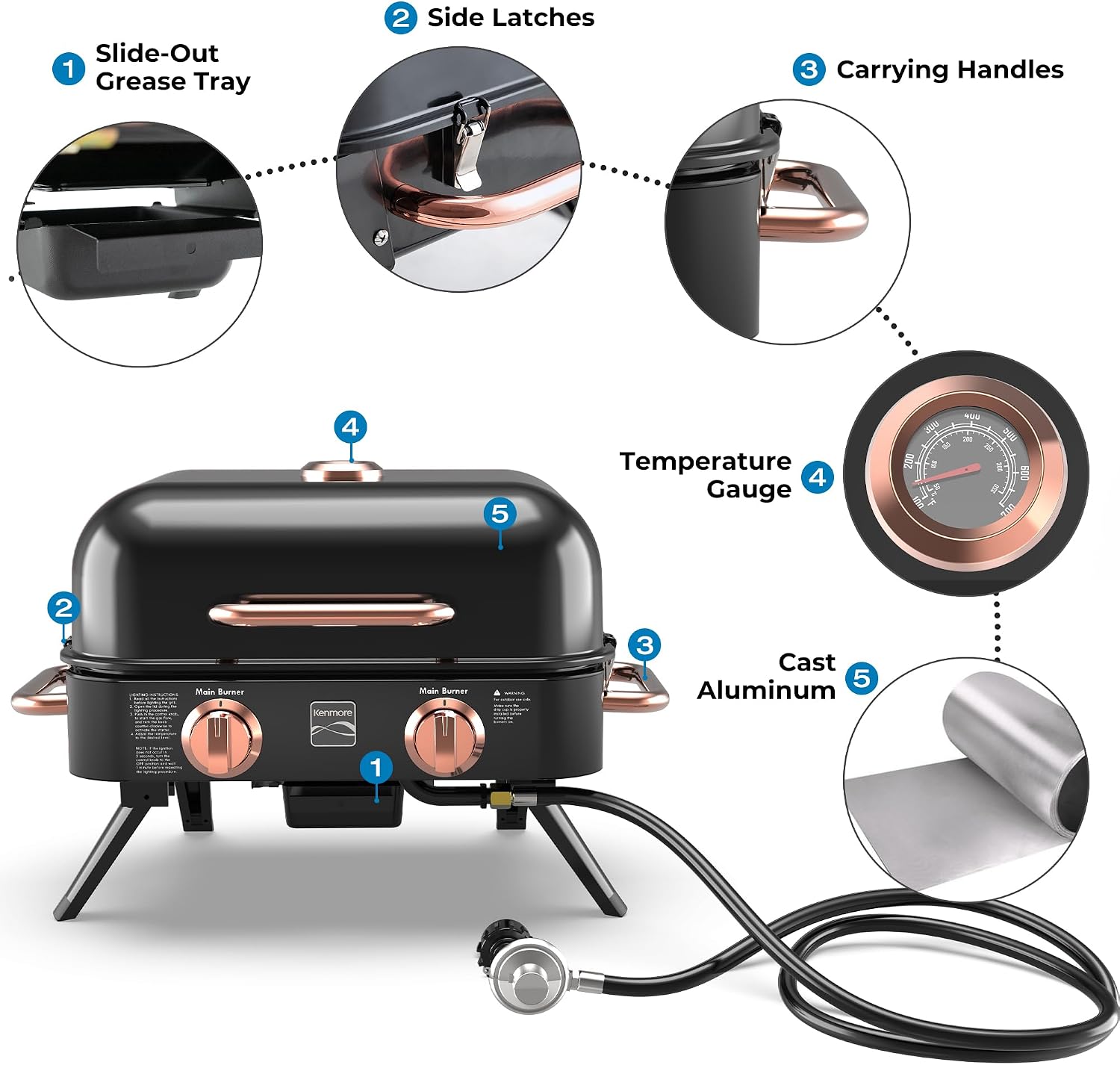Kenmore 2-Burner Portable Gas Grill, Tabletop BBQ Grill with Warming Rack, Foldable Legs, Stainless Steel Burners, Fits 5 & 20 lb Propane Tanks, Ideal for Camping & Tailgating, Black & Copper