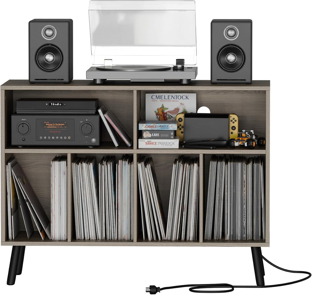 Cozy Castle Record Player Stand with Vinyl Storage Cabinet, Wood Turntable Table Open Shelf Holder Up to 350 Albums Cube Storage Organizer for Living Room, Office, Gray