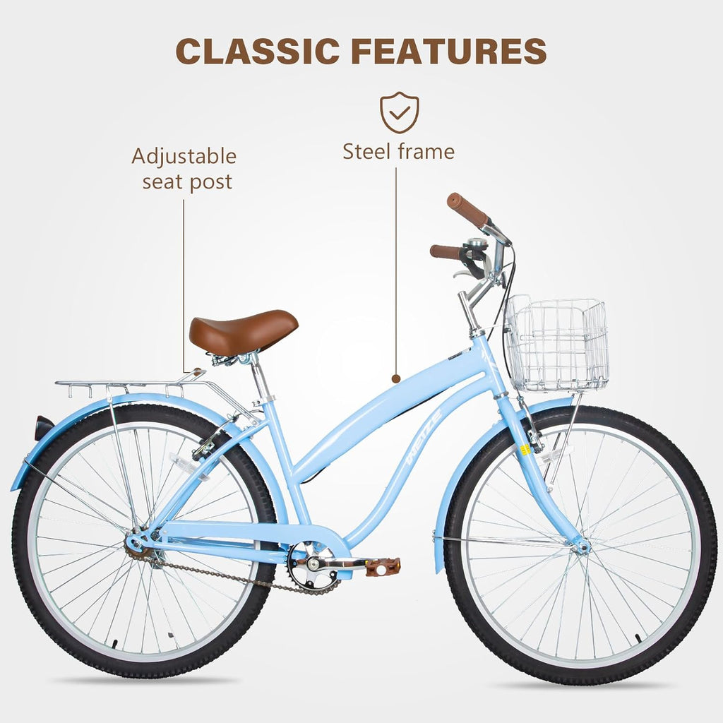 WEIZE Beach Cruiser Bike, 24 & 26 inch Commuter Bicycle for Adult Men and Women,High-Carbon Steel/Front & Rear Fenders, Comfortable City Bikes with Rear Rack or Basket, Ergonomic Upright Design