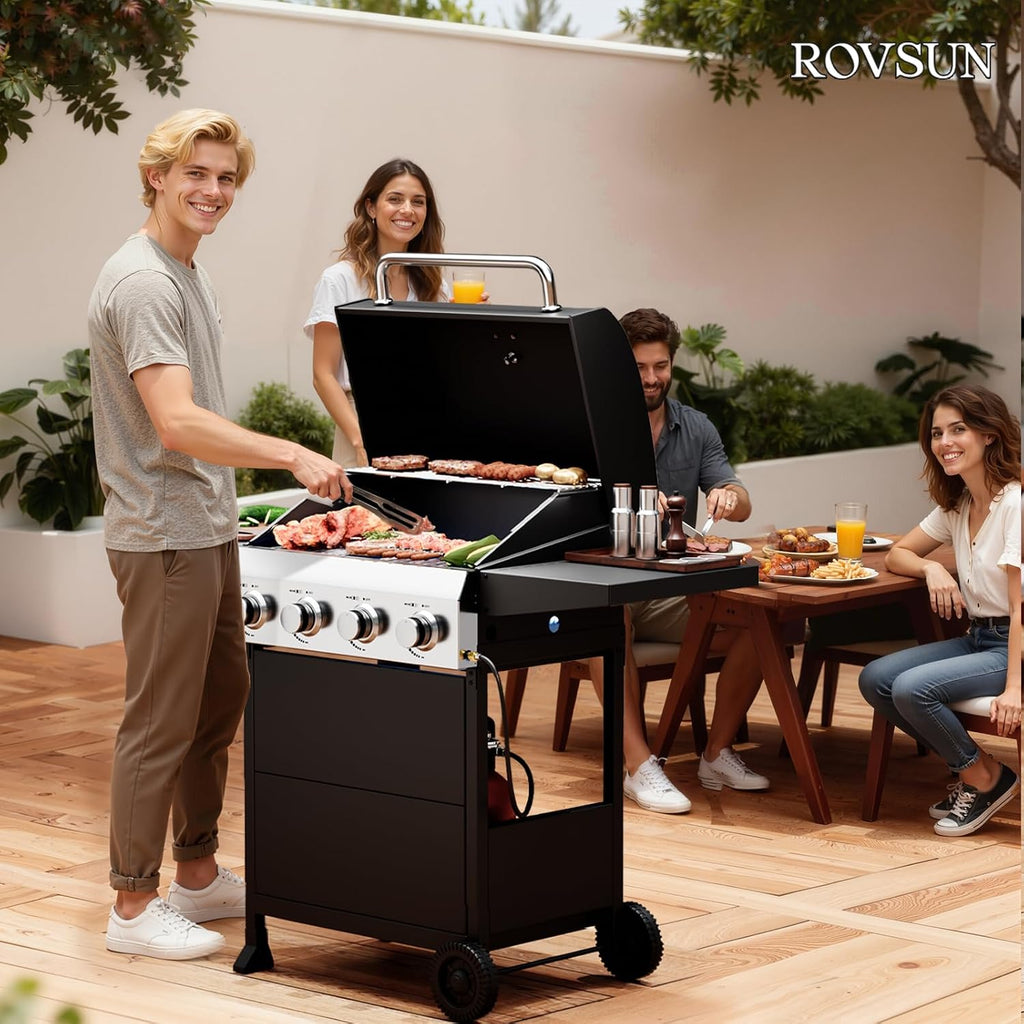 ROVSUN 4 Burner Propane Gas Grill with Foldable Side Shelves, 40000BTU BBQ Grills with Enameled Cast Iron Grates, Cabinet & Poratable Rolling Wheels for Outdoor Garden Patio Backyard Barbecue Cooking
