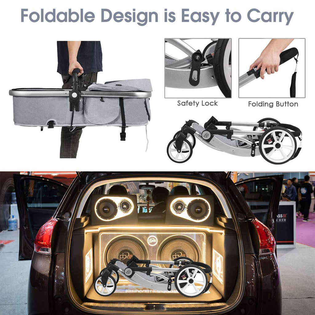 Honey Joy Baby Stroller, High Landscape Convertible Infant Bassinet Stroller, Adjustable Canopy & Backrest, Storage Basket, Foot Cover, Foldable Newborn Carriage Pram Stroller (Gray)