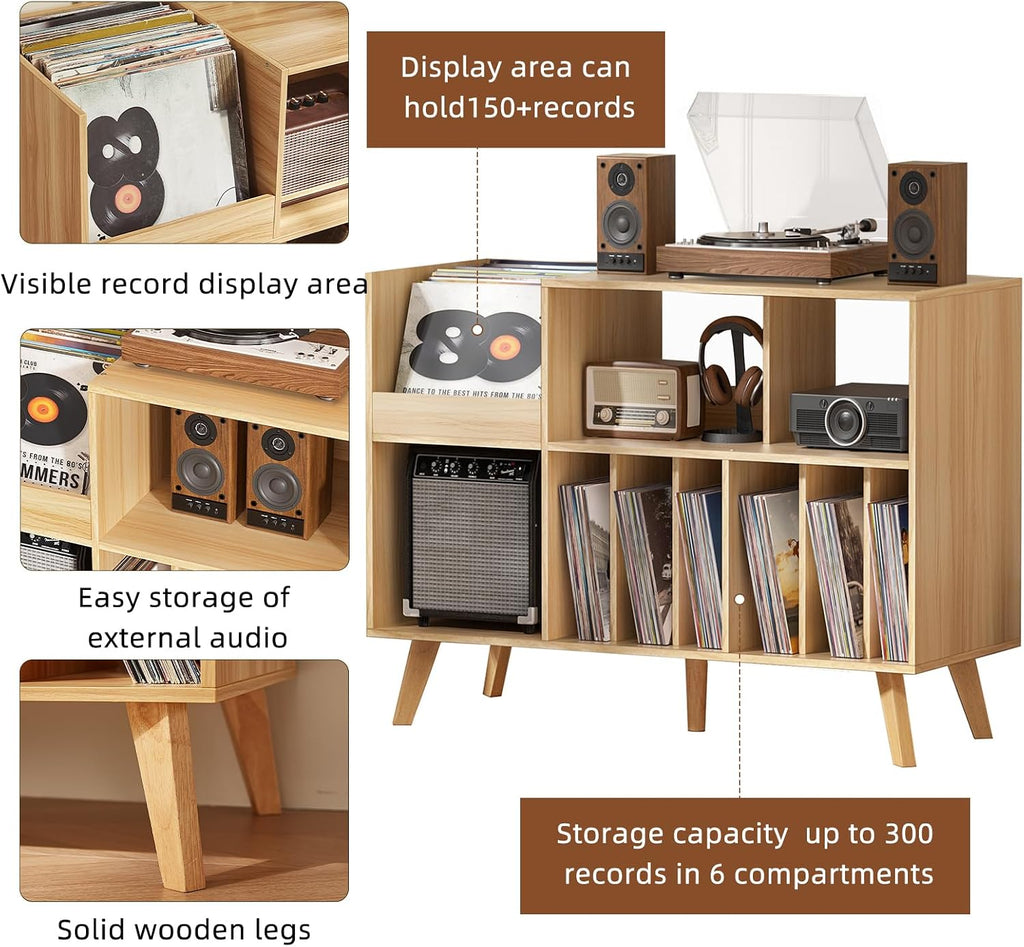 LELELINKY Natural Wood 48''Record Player Stand with Storage and Display Area, Turntable Stand Vinyl Record Holder Player Table Holds Up to 450 Albums, Record Stand for Music Room Living Room