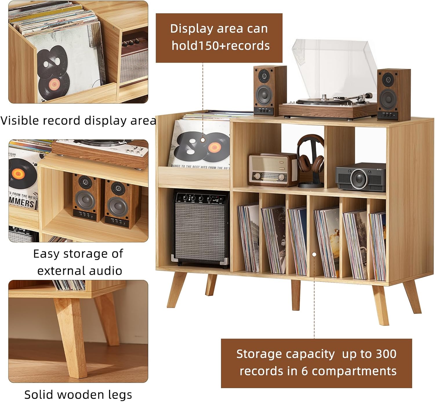 LELELINKY Natural Wood 48''Record Player Stand with Storage and Display Area, Turntable Stand Vinyl Record Holder Player Table Holds Up to 450 Albums, Record Stand for Music Room Living Room
