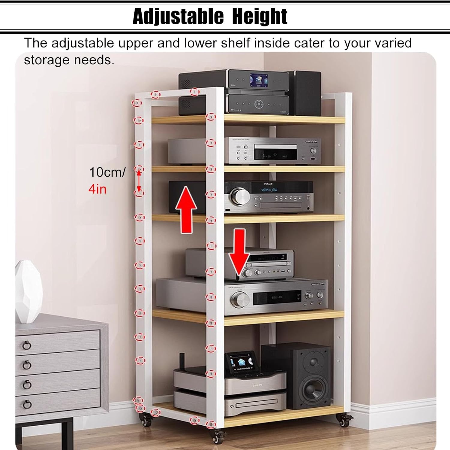 SRNSAEB Audio Equipment Rack Cabinet Media Shelf, Audio Video Media Stand Cabinet with 4 Shelves Height Adjustable Modern AV Cabinet with Brake Wheel, 160cm/ 63inch Height(5-Tier)