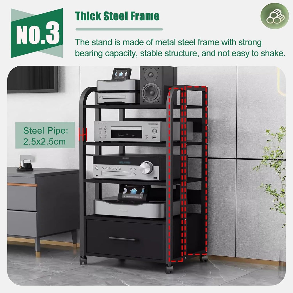Metal Audio Rack with Drawer 16 18in - 3 Tier Stereo Components Rack/Cabinet - Media Shelf Black for Tv Accessories Games Consoles Audio Equipment(3D1-79cm)