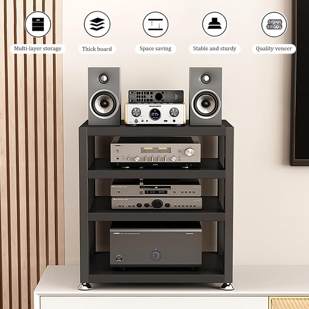 Black 3-Tier Audio Rack - Sturdy Stereo Stand, Multifunctional Media Storage Cabinet with Foot Pads, Open Design for Home Entertainment, 40x35x35.5cm