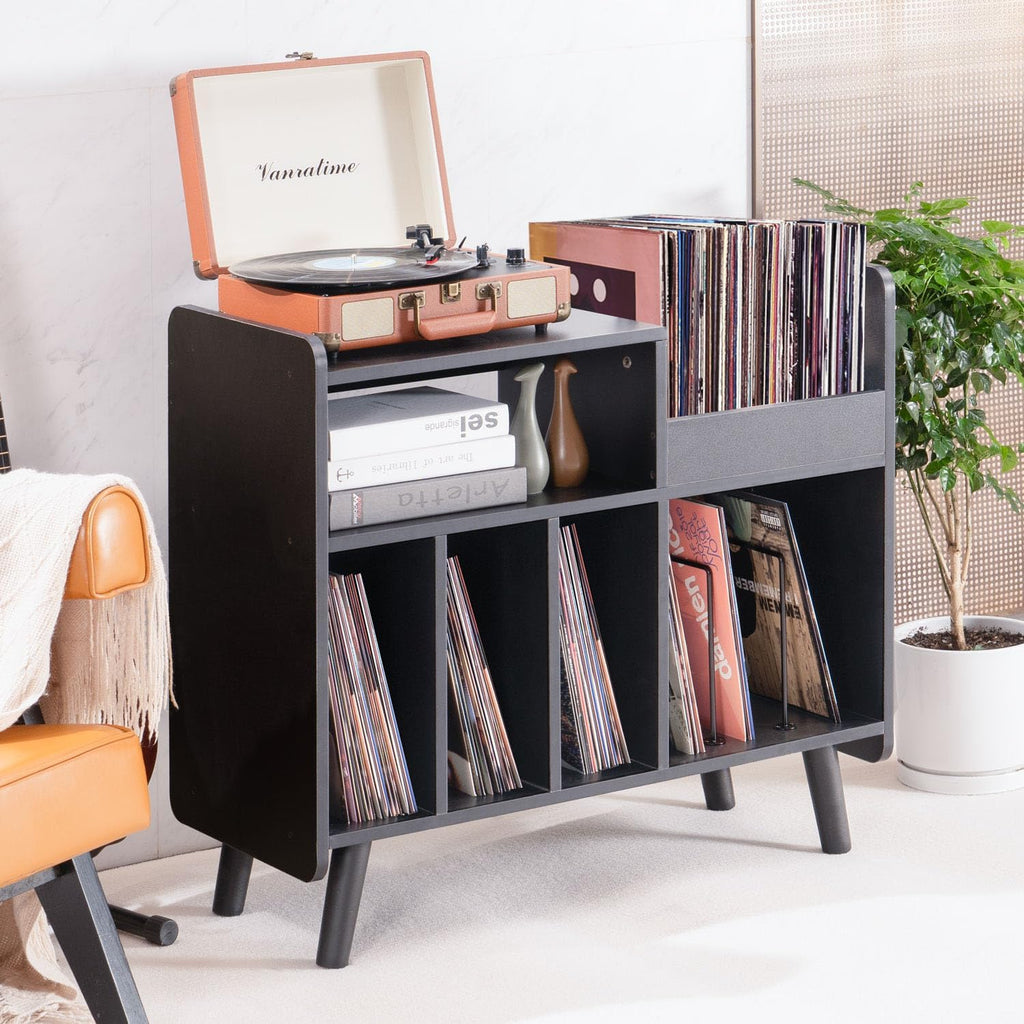 Record Player Stand, Large Record Player Table Cabinet with Open Vinyl Storage and Display Shelf Holds up to 350 Albums, Mid Century Wood Turntable for Living room