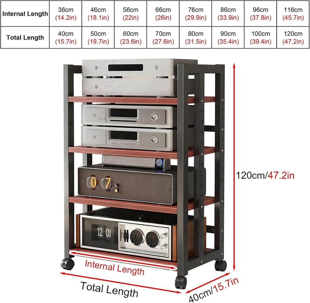 WDJBPSH Large Audio Equipment Storage Solution, 4-Tier Mobile Wooden Stereo Cabinet Rack for Amplifiers/Players/TV Accessories, with Height Adjustable Shelf(36cm/14.2in)