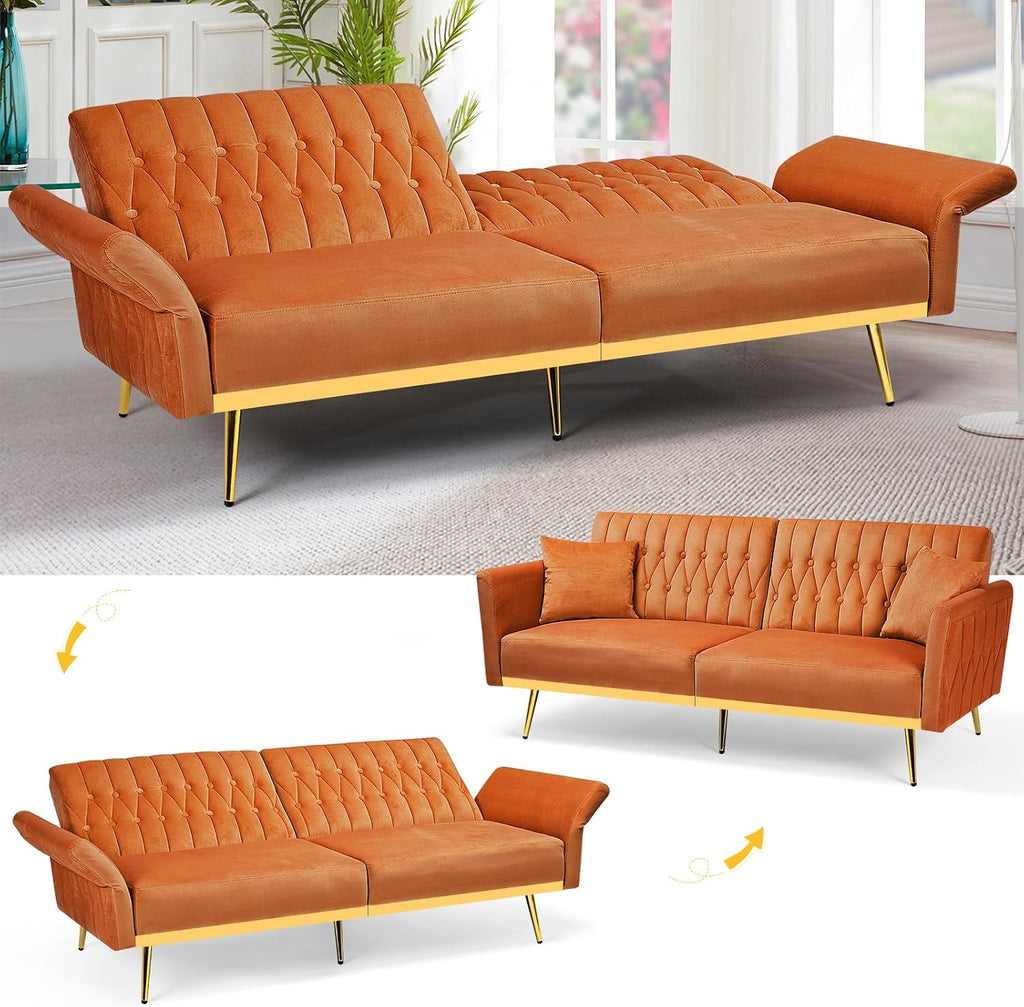 70' Velvet Futon Sofa Bed w/Adjustable Armrests & 2 Pillows, Convertible Futon Couch w/Adjustable Backrests, Modern Sleeper Bed for Living Room, Bedroom, Orange