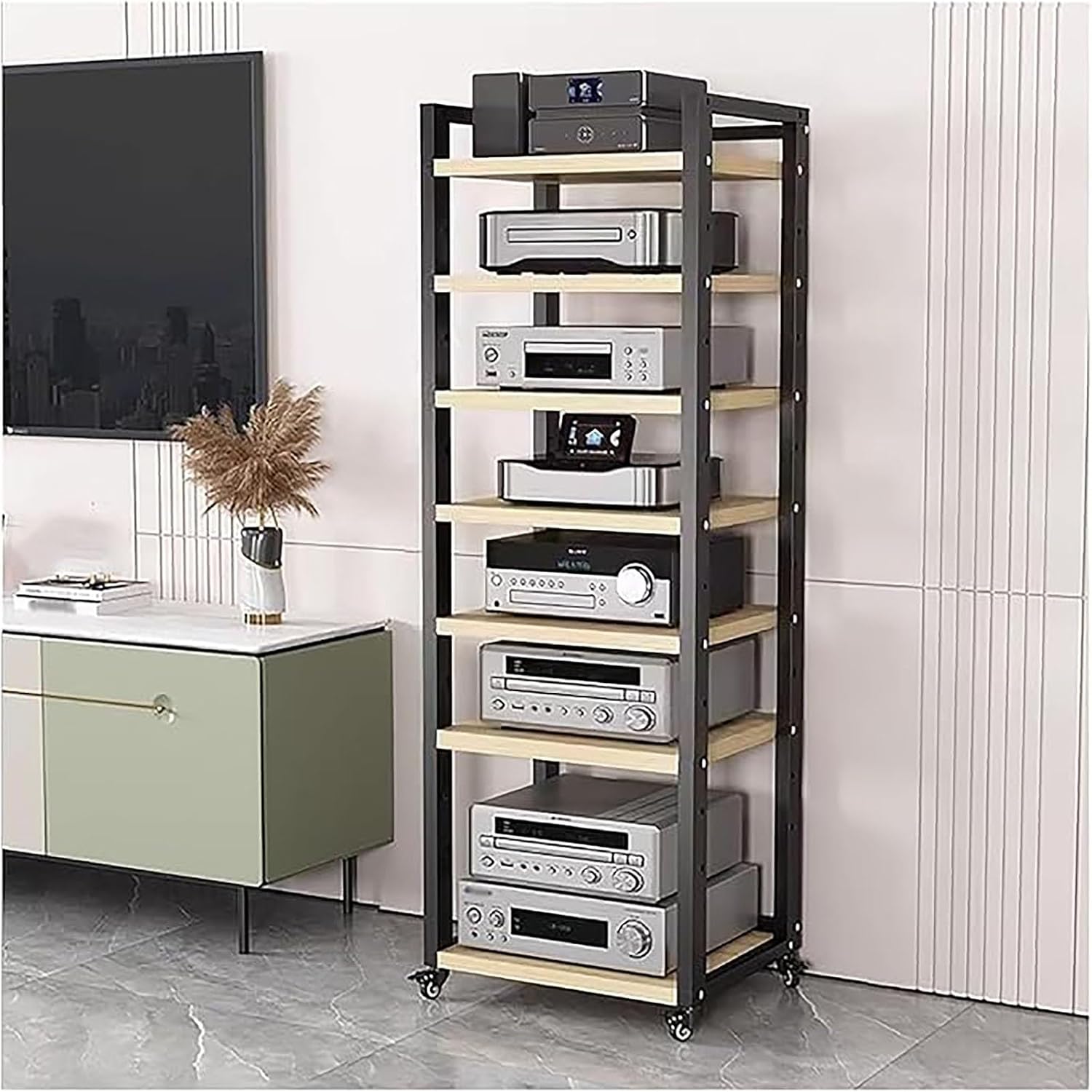 Audio Rack Av Tower Media Stand 5-tier Electronics Equipment Shelf, 6 7 8 Shelf Tall Rolling Stereo Cabinet Racks With Wheels & Height-Adjustable Shelf For Amplifiers/Players/TV, Black-a-7-Tiers