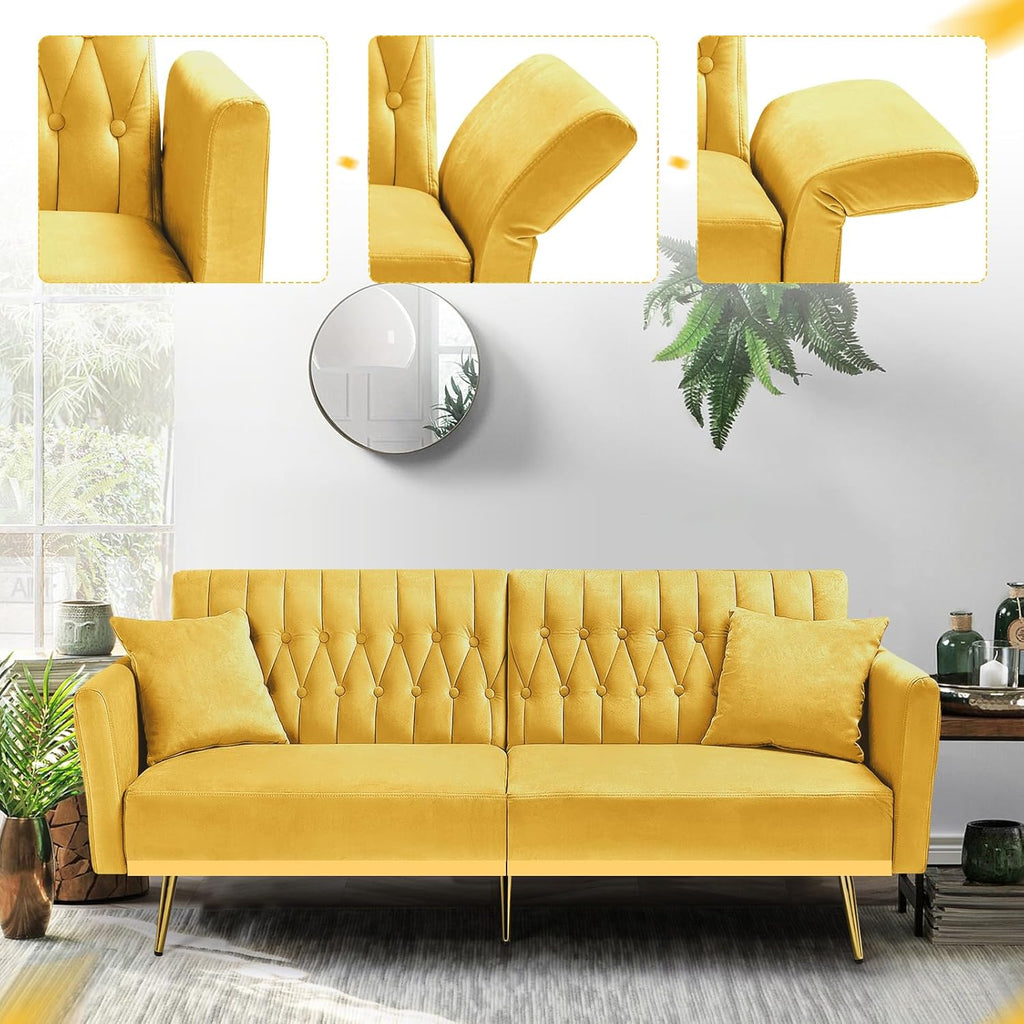70' Velvet Futon Sofa Bed w/Adjustable Armrests & 2 Pillows, Convertible Futon Couch w/Adjustable Backrests, Modern Sleeper Bed for Living Room, Bedroom, Yellow