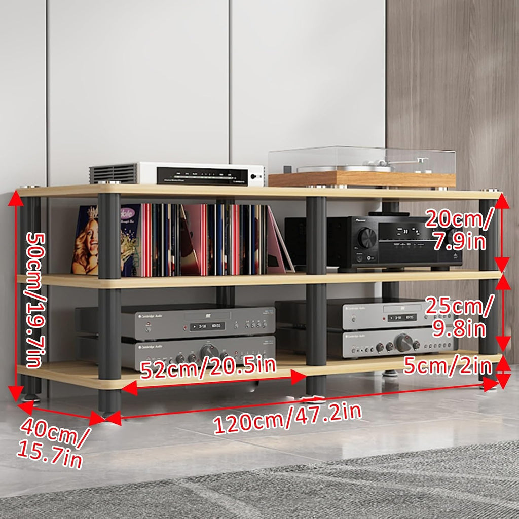 4-Tier Corner AV Media Stand - Light Walnut Stereo Rack for Gaming Console & Audio Equipment - Entertainment Tower Shelf Storage (120x40x50cm)