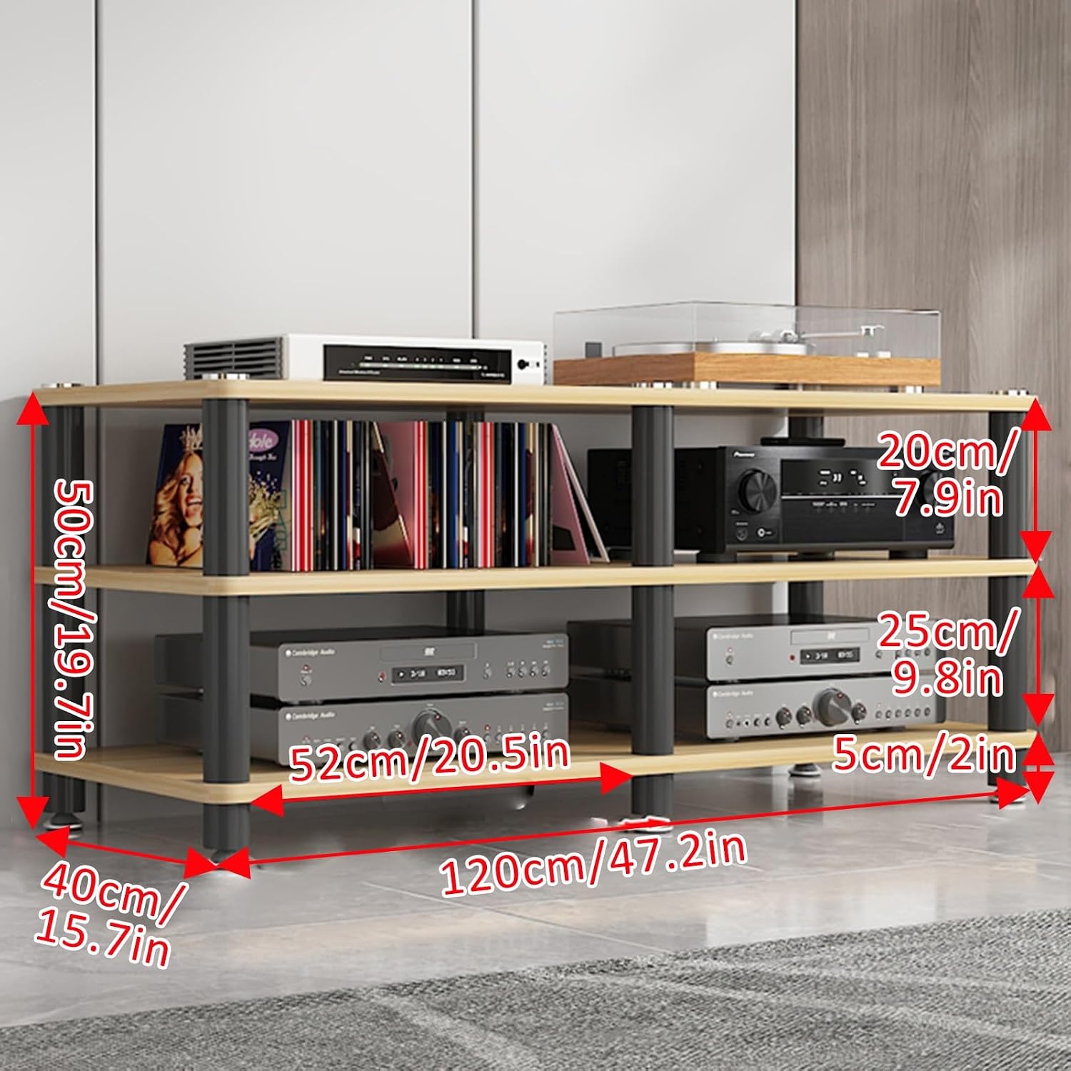 4-Tier Corner AV Media Stand - Light Walnut Stereo Rack for Gaming Console & Audio Equipment - Entertainment Tower Shelf Storage (120x40x50cm)