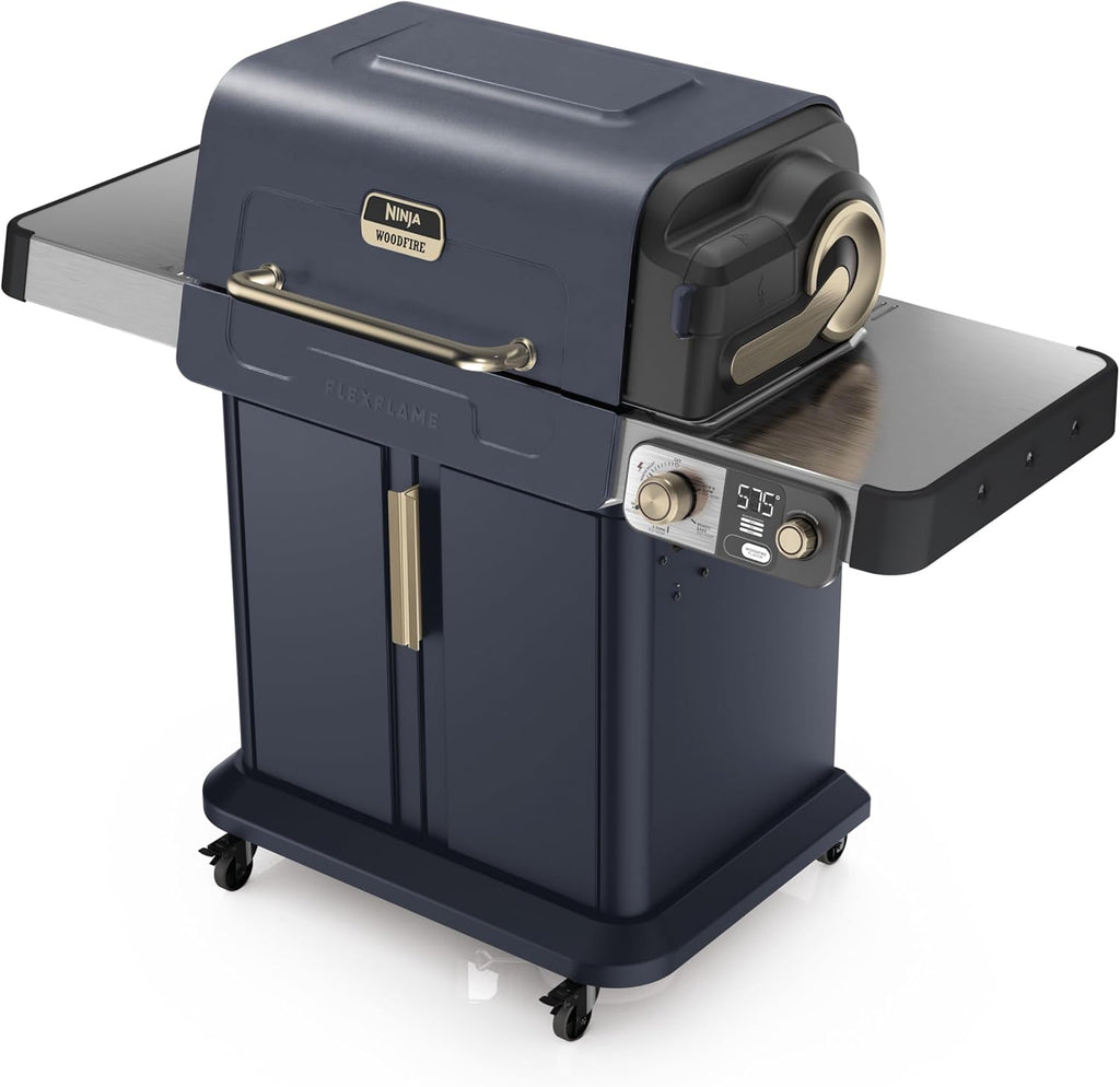 Ninja FlexFlame Grill and Smoker | Electric and Propane Grill, Roaster, BBQ Grill | 5-in-1 Cooking System | 3 Burner | Digital Control | Outdoor Cooking, Griddle, Pizza Maker | Blue | PG301BL