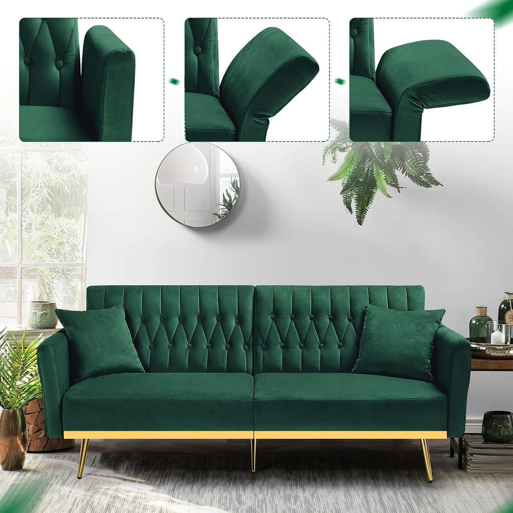 70' Velvet Futon Sofa Bed w/Adjustable Backrests and Armrests, Convertible Futon Couch with 2 Pillows, Modern Tufted Sleeper Bed for Living Room, Bedroom,Green