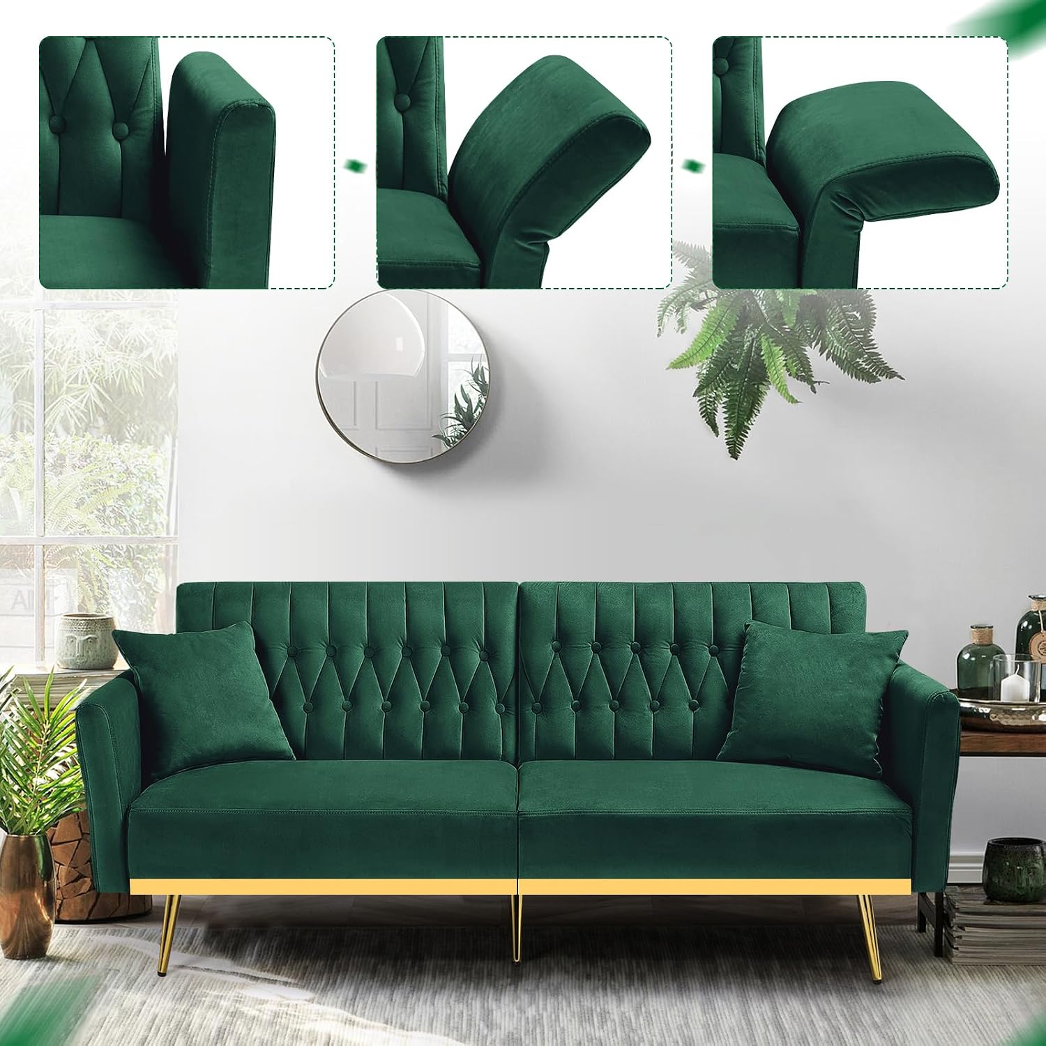 70' Velvet Futon Sofa Bed w/Adjustable Backrests and Armrests, Convertible Futon Couch with 2 Pillows, Modern Tufted Sleeper Bed for Living Room, Bedroom,Green