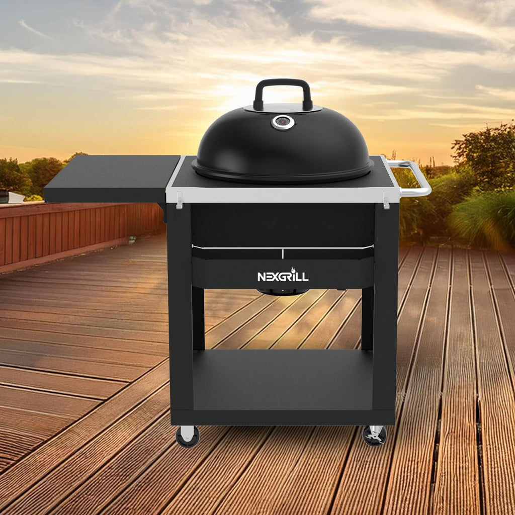Nexgrill 22' Charcoal Grill with Table Cart and Side Table, 358 SQ In Grate, Adjustable Air Vents, Integrated Temperature Gauge, Mobile Cart Barbecue Grill for Camping, Picnics, and More - 810-0026HC