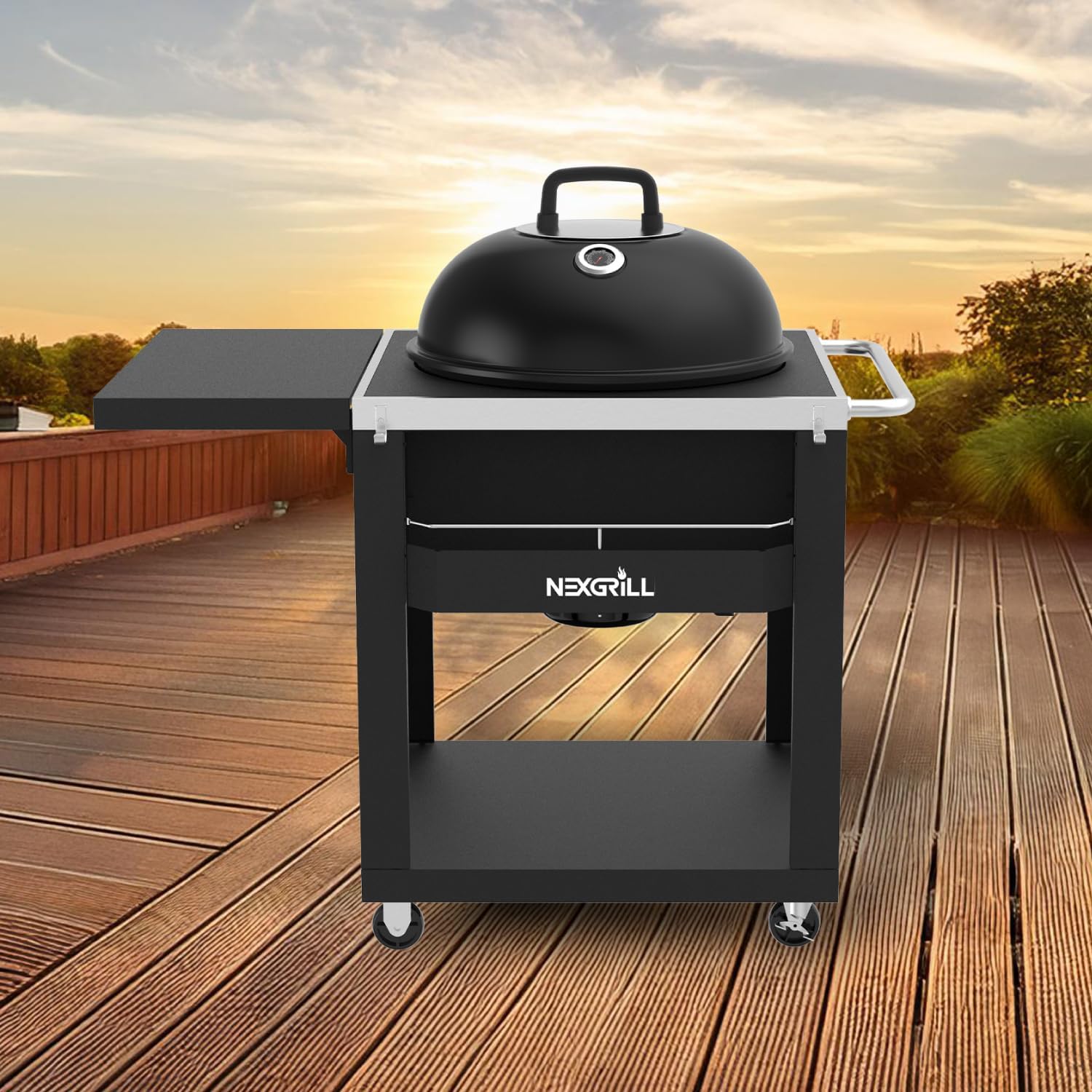 Nexgrill 22' Charcoal Grill with Table Cart and Side Table, 358 SQ In Grate, Adjustable Air Vents, Integrated Temperature Gauge, Mobile Cart Barbecue Grill for Camping, Picnics, and More - 810-0026HC
