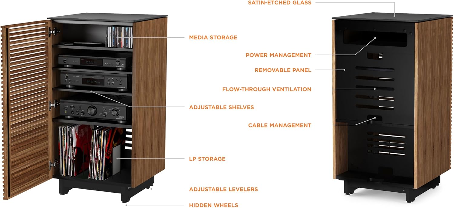 BDI Furniture Corridor 8172-22'' Audio Cabinet with Flow-Through Ventilation, Cable Management, Adjustable Shelves, Louvered Doors, Satin-Etched Tempered Glass Top, Natural Walnut