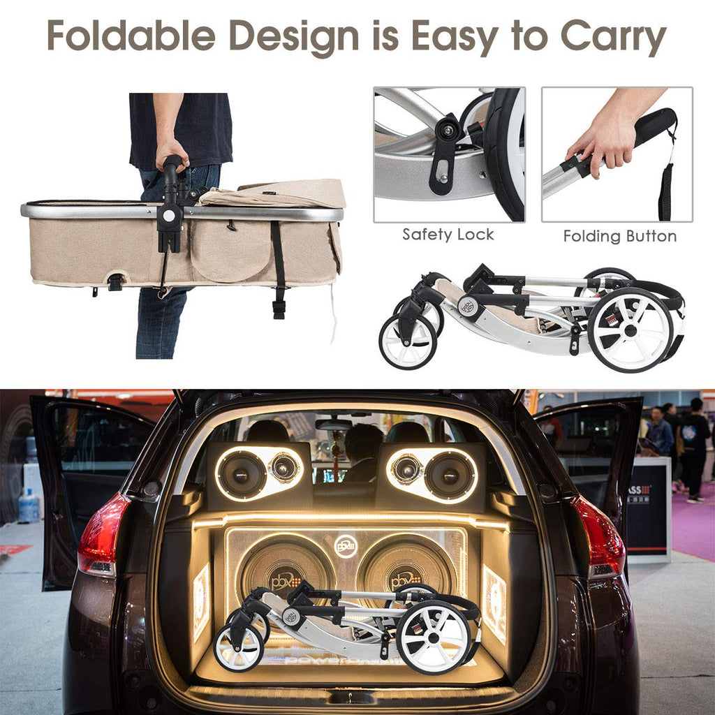 HONEY JOY Baby Stroller, High Landscape Convertible Infant Bassinet, Adjustable Canopy & Backrest, Storage Basket, Foot Cover, Foldable Newborn Carriage Pram (Beige)