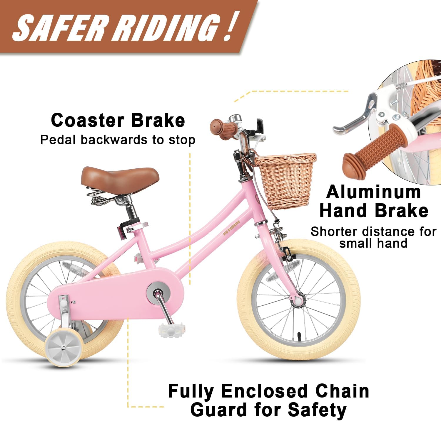 Petimini Vintage Kids Bike for Girls, 12–20 Inch Classic Bicycle with Wicker Basket & Bell, High Tensile Steel Frame, Training Wheels (12–18'), 85% Pre-Assembled, Retro Bike for Outdoor Riding