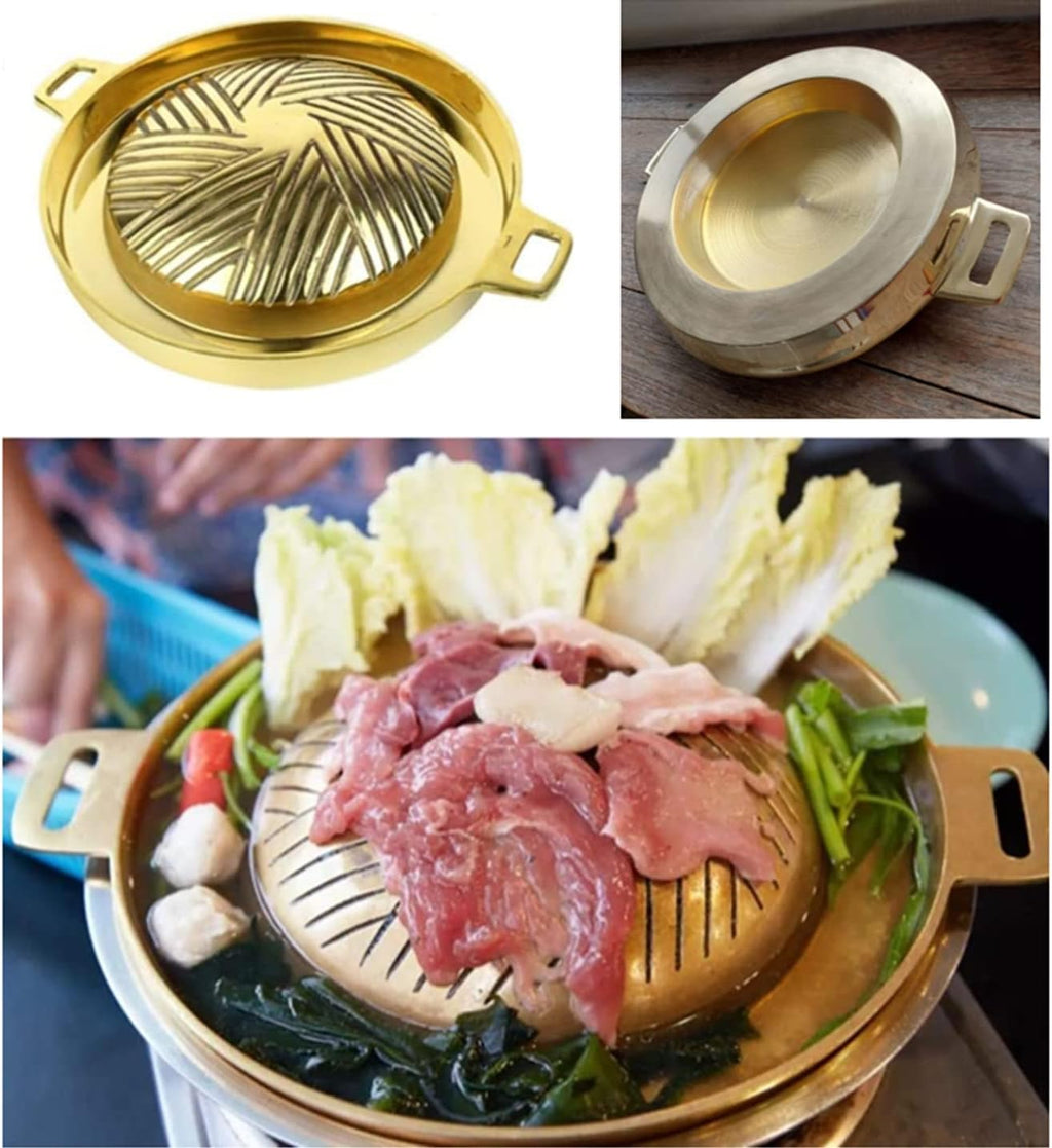Mookata Brass Grill Pan Thai Korean Japanese Style BBQ Grill Steak Hot Pan Nonstick Indoor/Outdoor Cooking 11in.