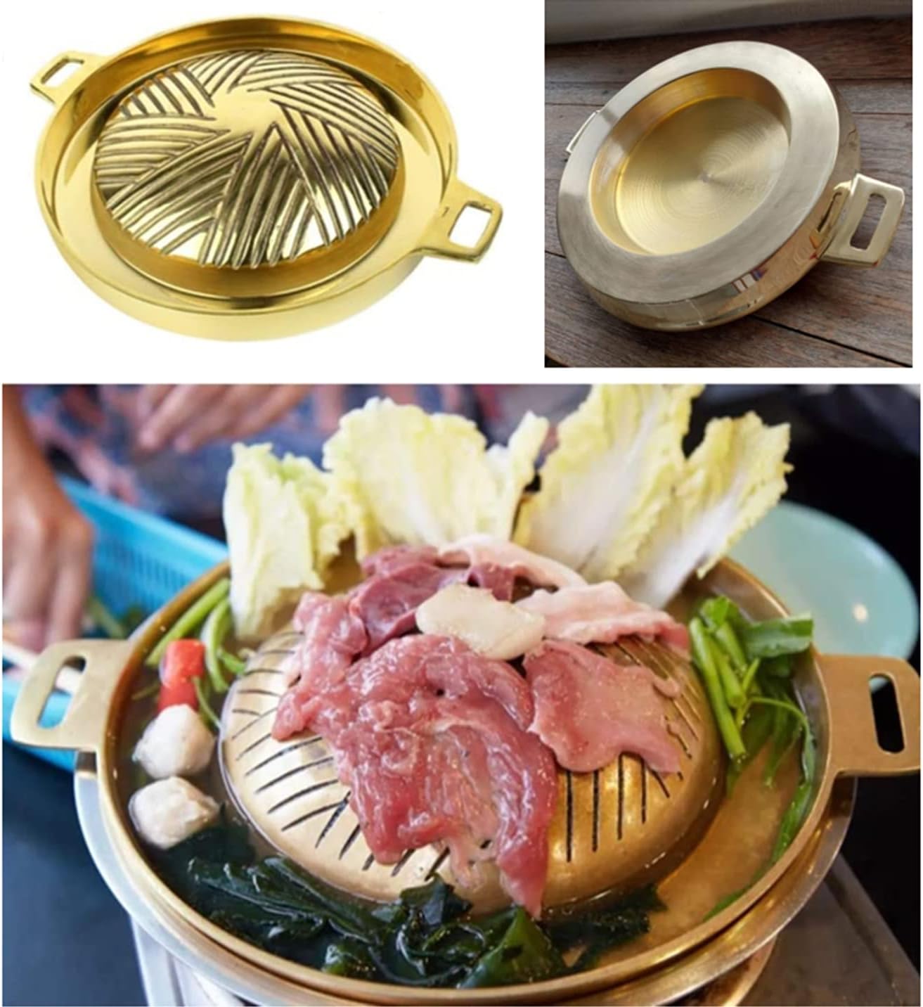 Mookata Brass Grill Pan Thai Korean Japanese Style BBQ Grill Steak Hot Pan Nonstick Indoor/Outdoor Cooking 11in.