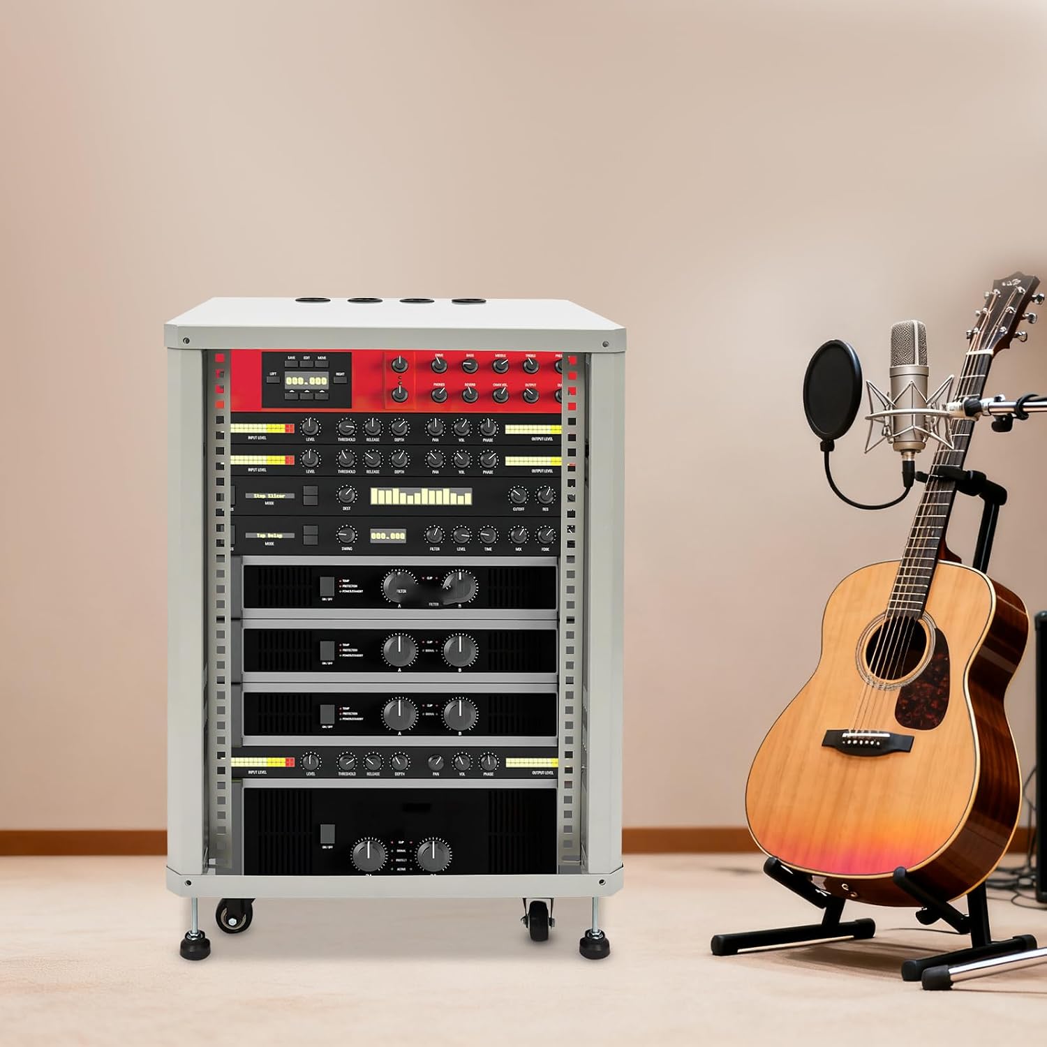 Network Audio Rack with Wheels, Steel Server Rack Cabinet for AV Equipment, Amplifiers, Network Gear, Rolling Universal Rack with Cable Management & Ventilation (Gray, 15U)