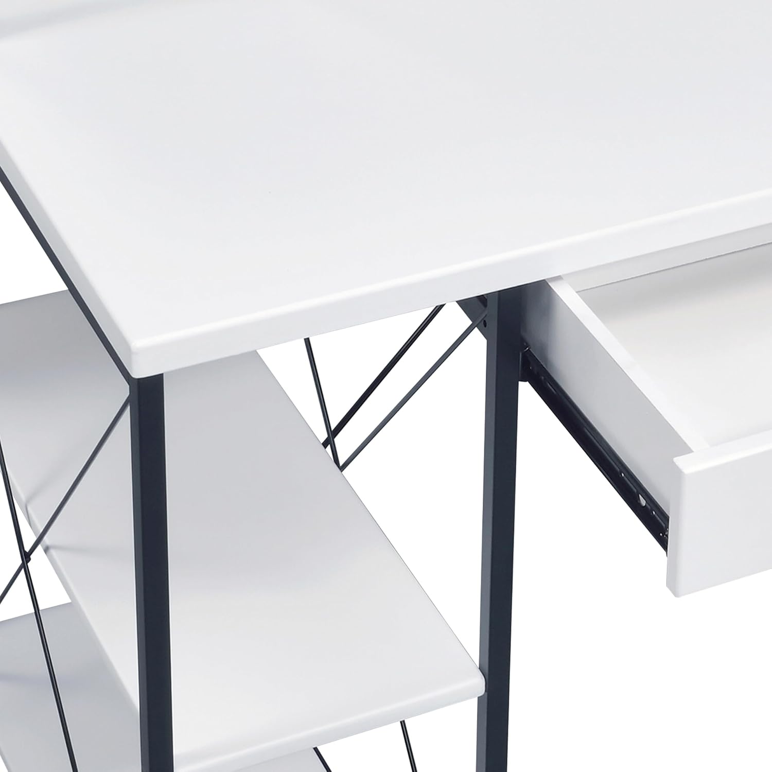AMNOOL Office Desk with Open Shelves - Stylish Wood Recording Studio Workstation with Drawer and Compartments for Audio Equipment, Cables, and Accessories (White+Black)