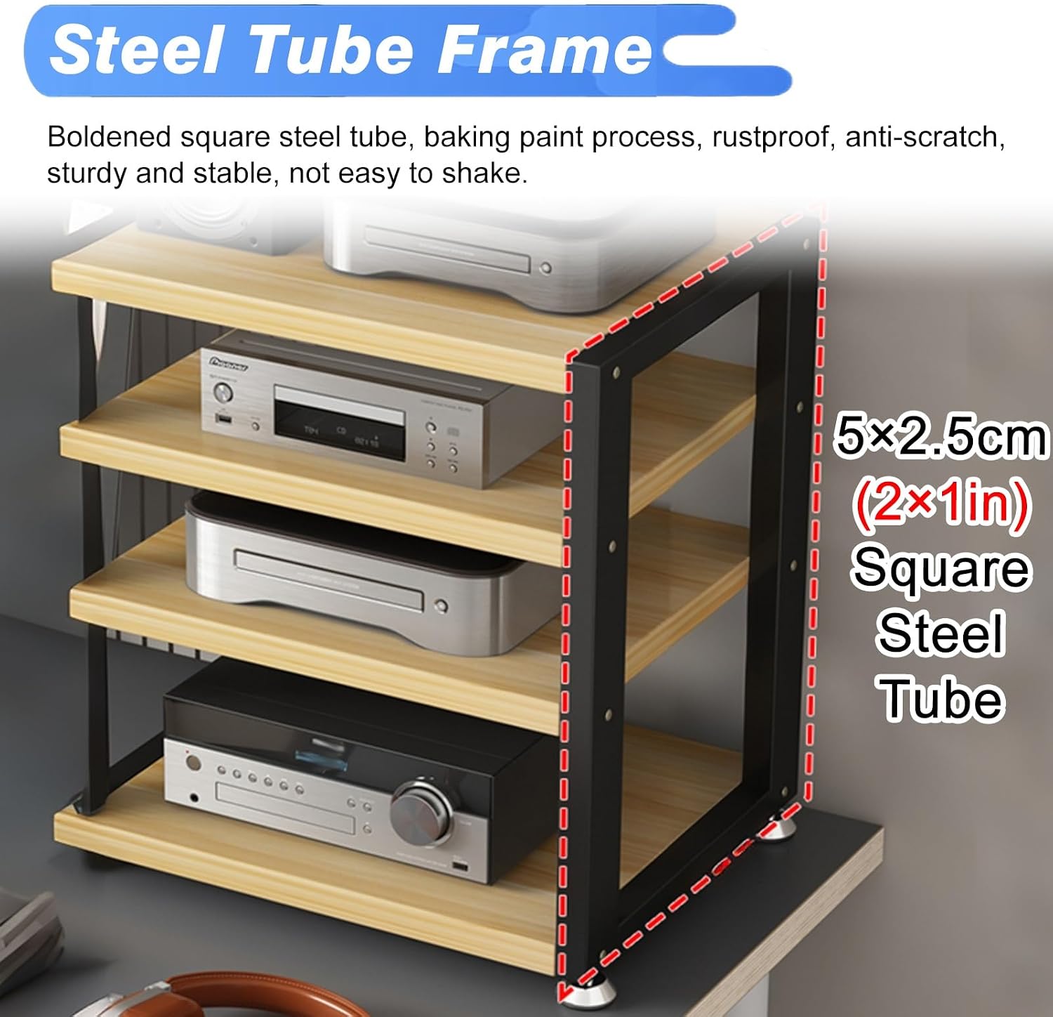 4-Tier Record Player Stand 48cm Tall, HiFi Amplifier Shelf Audio Rack Tower for Audio-Video CD Record Player Stereo Receiver AV Equipment(Black-B)