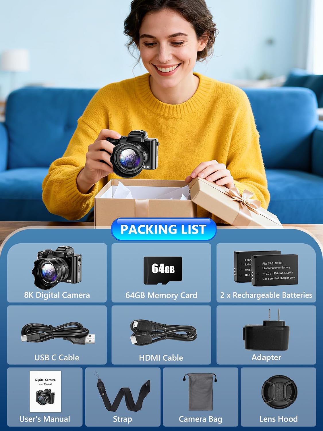 8K Digital Camera, 88MP WiFi Cameras for Photography with 3.2' Touchscreen, 16X Zoom Autofocus Vlogging Camera for YouTube Video, Anti-Shake, Dual Camera, 2 Batteries, 64GB Card, Flash, Lens Hood