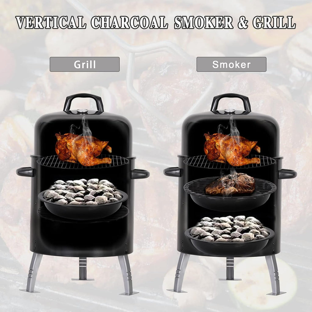 Sophia & William 17' Vertical Charcoal Smoker Grills with Two-Tier Grates, Heavy-Duty Integral Chamber and Tunnel Ventilation System for BBQ, Patio, Outdoor Camping(Black)