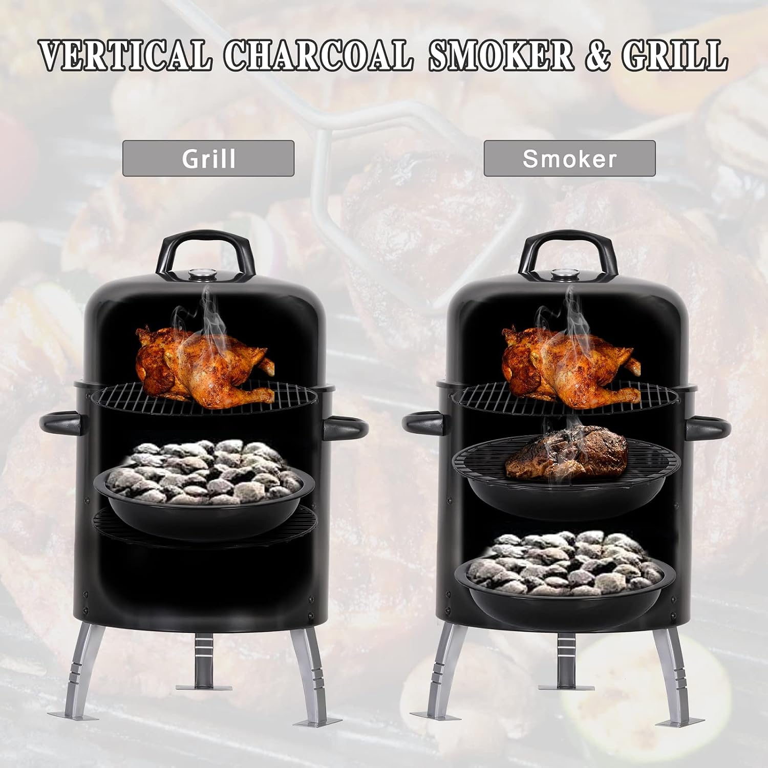 Sophia & William 17' Vertical Charcoal Smoker Grills with Two-Tier Grates, Heavy-Duty Integral Chamber and Tunnel Ventilation System for BBQ, Patio, Outdoor Camping(Black)