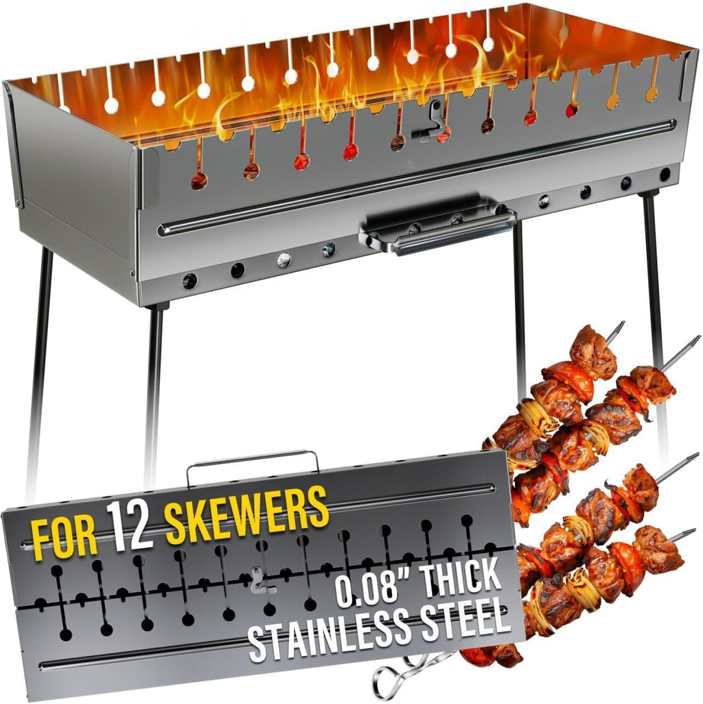 Stainless Steel Charcoal Grill for 12 Skewers – Portable BBQ 24.80'×9.45'×25.2' – Foldable Kabob Mangal – Heavy-Duty Rustproof Grill for Outdoor (Skewers Not Included)