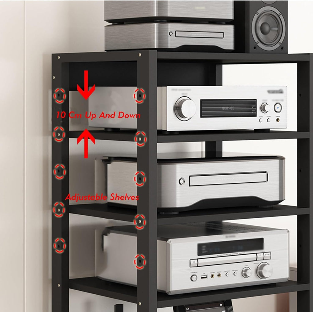 6 Tier Furniture Media Rack DVD CD Player Stand Audio Rack Power Amplifier Equipment Cabinet with Height Adjustable Wood Shelf Floor Standing Storage Rack 50x40x110 Cm
