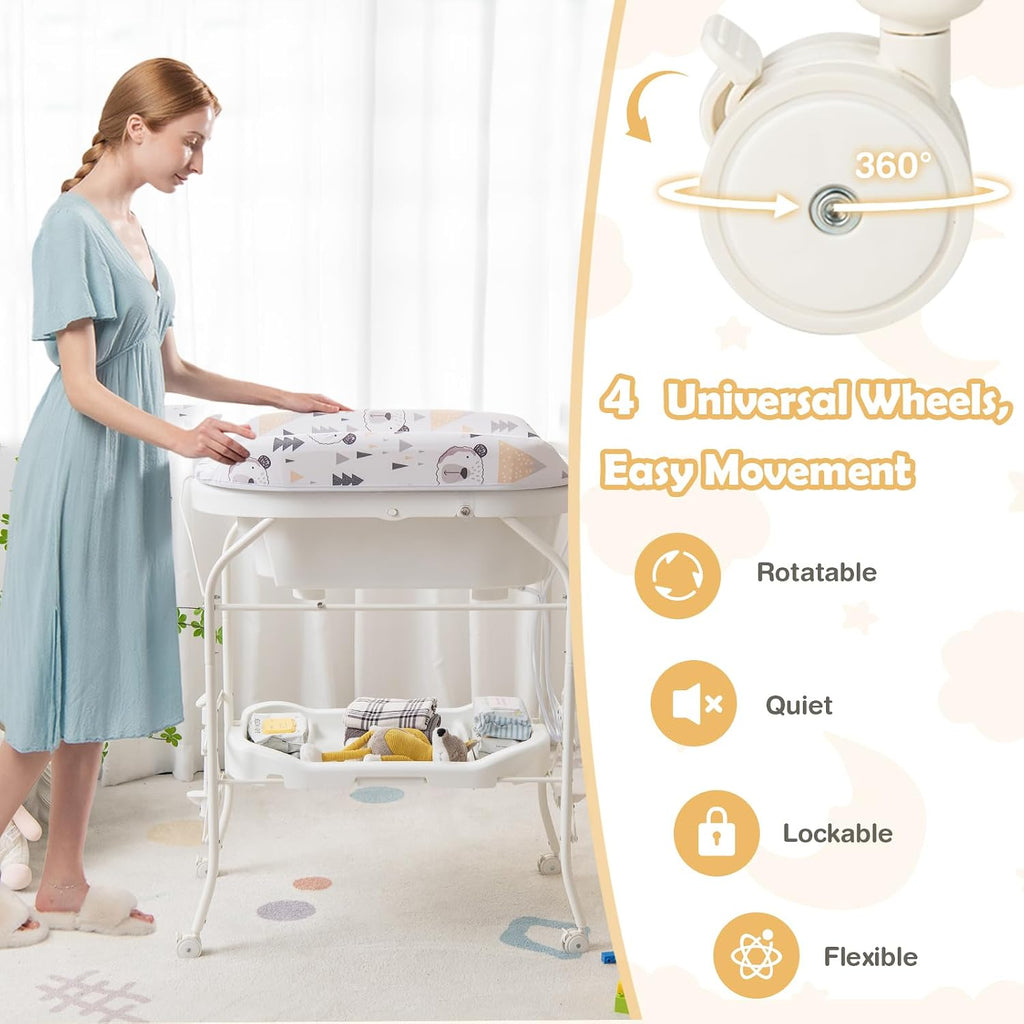 HONEY JOY 2-in-1 Baby Bathtub & Changing Table, Foldable Infant Diaper Changing Station with Wheels, Storage Tray, Waterproof Pad, Portable Newborn Nursery Organizer Bath Stand for Boys Girls (White)