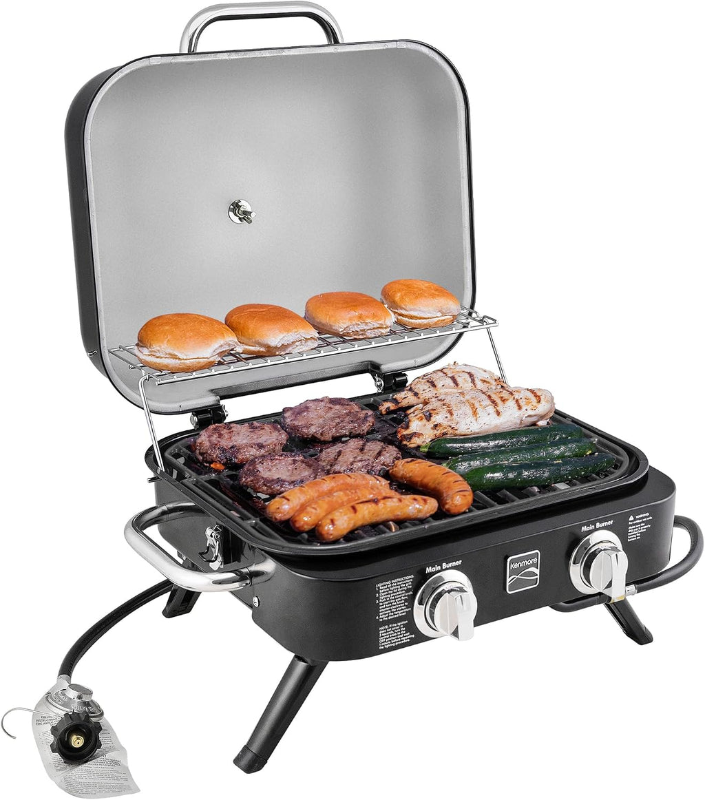 Kenmore Portable Propane Gas Grill - Tabletop BBQ Grill with Warming Rack, 2 Stainless Steel Burners with 14,000 BTUs, for Outdoor Kitchen, Camping, Black