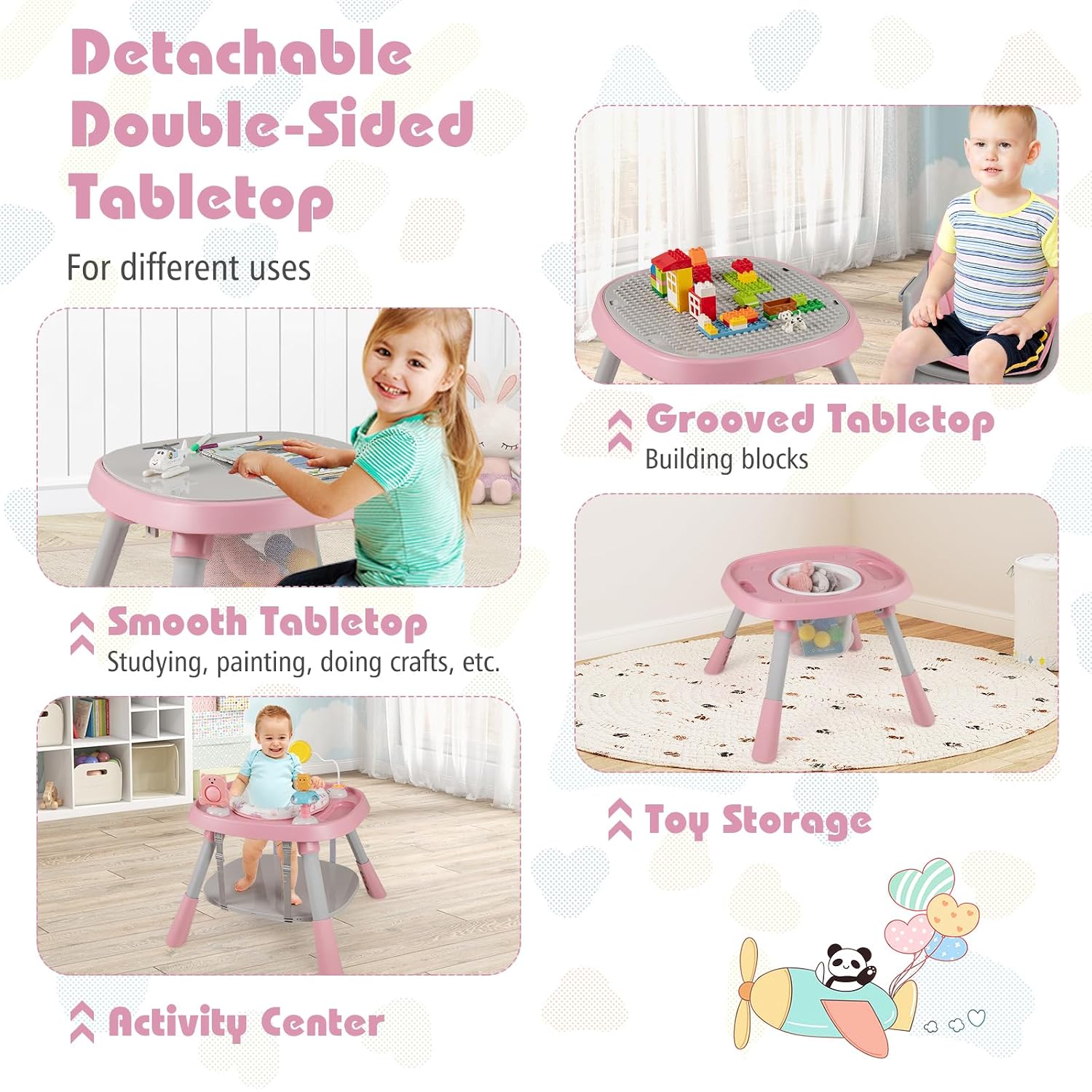 KOTEK 16 in 1 Convertible High Chair, Baby Highchair & Activity Center, Booster Seat, Building Block Table, Toddler Chair with 5-Point Harness, Removable Tray & Cushion (Pink)