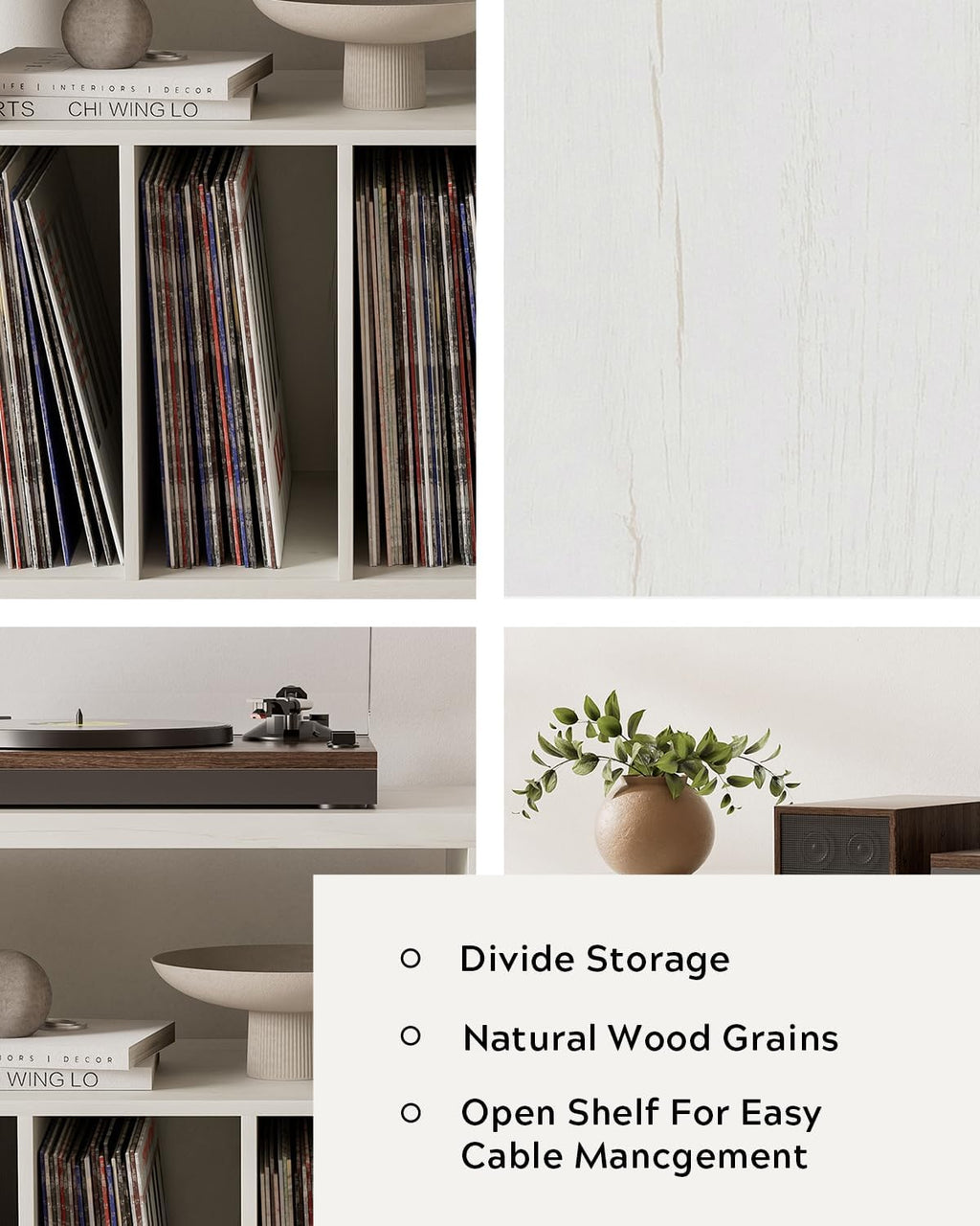 Modern Record Player Stand, Vinyl Record Storage Cabinet with Open Shelf, Wood Records Player Table Cube Storage Organizer for Living Room, Office, Antique White