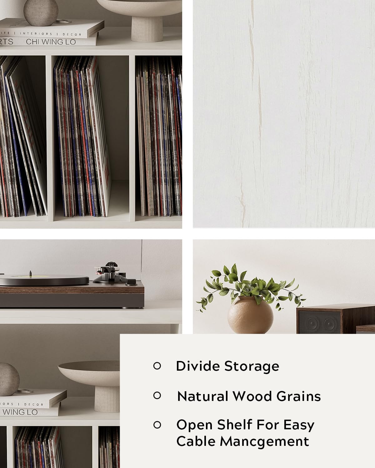 Modern Record Player Stand, Vinyl Record Storage Cabinet with Open Shelf, Wood Records Player Table Cube Storage Organizer for Living Room, Office, Antique White