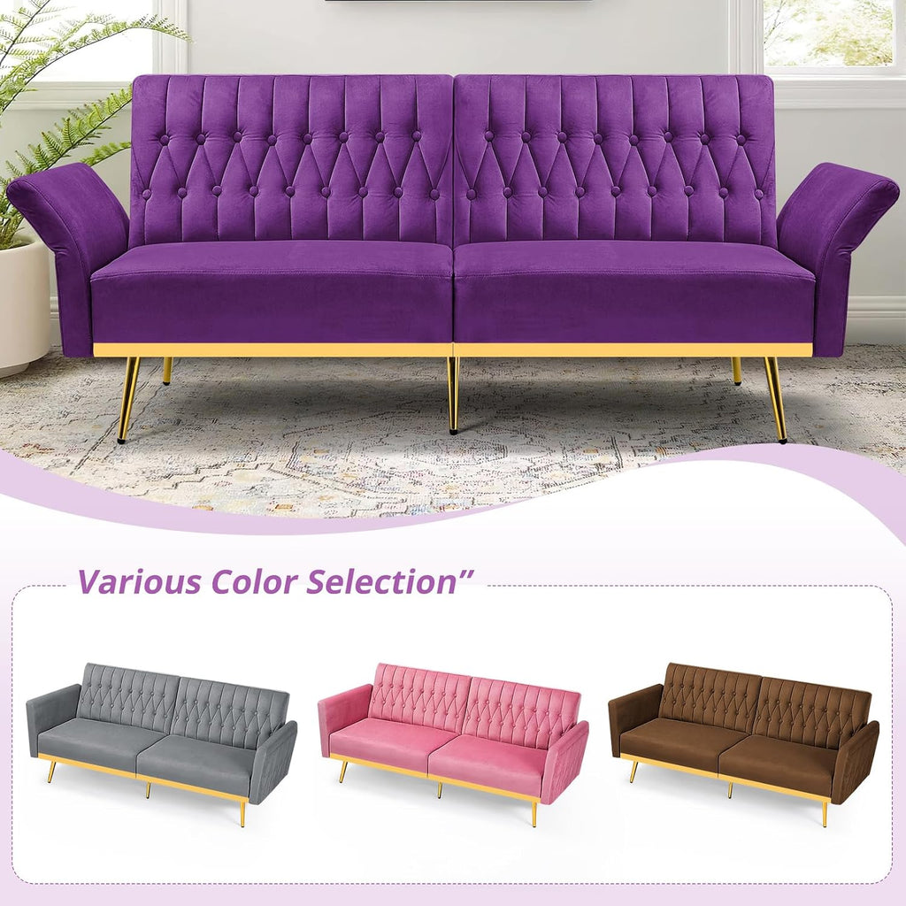 70' Velvet Futon Sofa Bed with 2 Pillows and Adjustable Armrests, Convertible Sleeper Bed W/Adjustable Backrests, Modern Loveseat for Living Room, Bedroom, Purpel