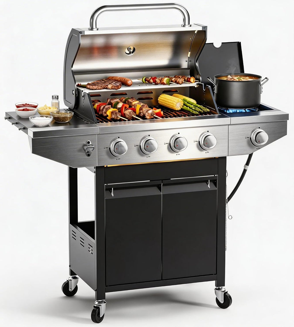 EUHOME 46,500 BTU 4-Burner Propane Gas Grill with Side Burner – Stainless Steel Outdoor BBQ with Enameled Cast Iron Grates & Foldable Side Tables for Patio, Backyard, and Outdoor Cooking