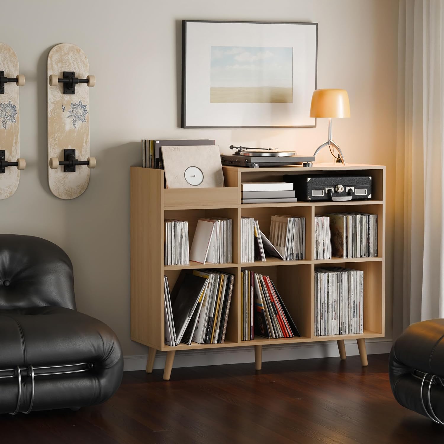 Cozy Castle Large Record Player Stand with Vinyl Storage Cabinet, Wood Turntable Table Open Shelf Holder Up to 500 Albums Cube Storage Organizer for Living Room, Office, Oak